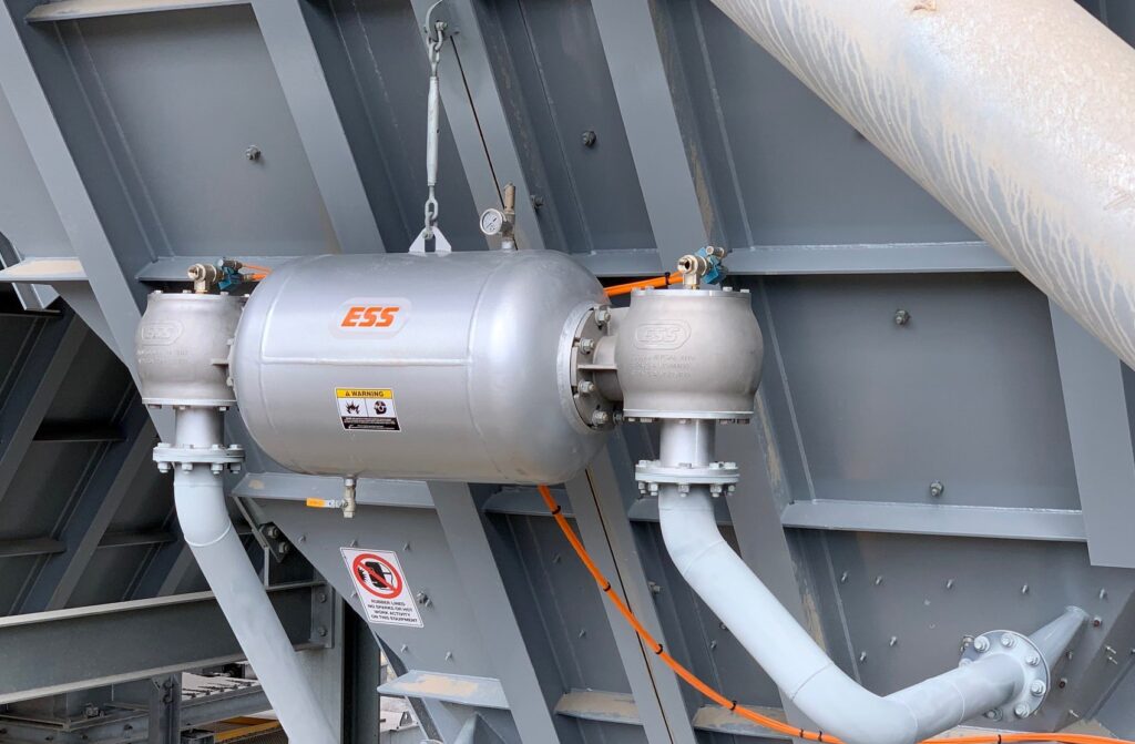 ESS air cannons are high-pressure vessels that blast air at high-velocity speeds, dislodging build-up. Image: ESS Engineering