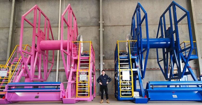 Sebastian Famularo pictured between the “high winders”. Image: Fenner Conveyors